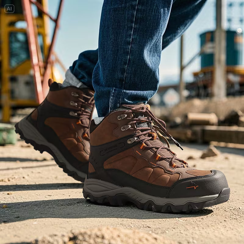 Foreman Steel Toe Work Boot in brown worn on a dirt jobsite in front of an excavator