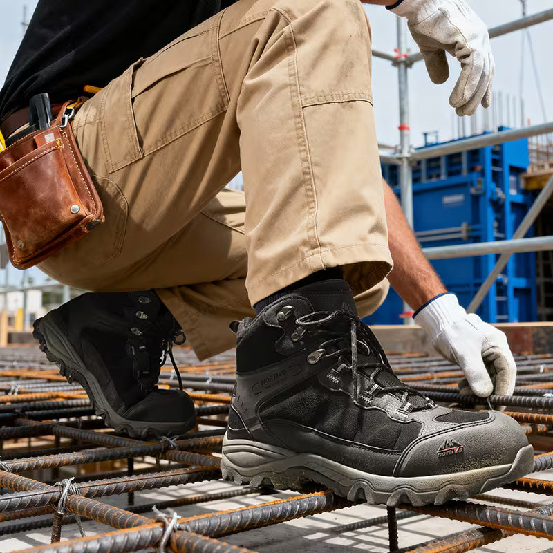 Foreman Steel Toe Work Boot in black worn by a worker on rebar at a construction site