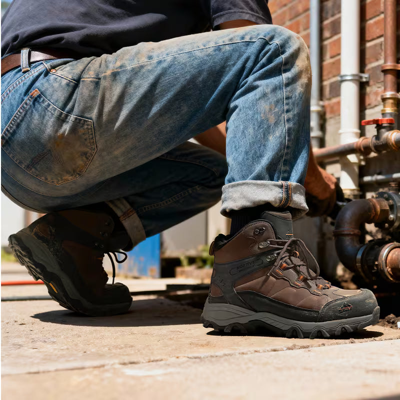 Worker kneeling at a pipe fitting wearing the Foreman Steel Toe Work Boot
