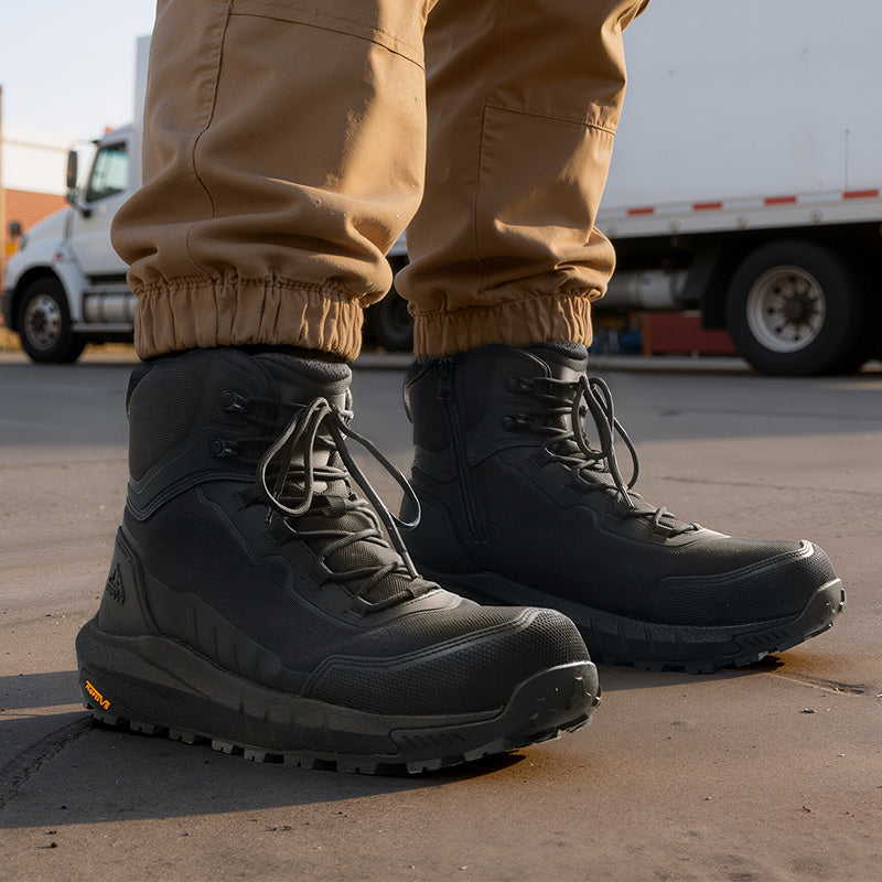 Worker standing in Sentinel Composite Toe Safety Boots in black at a trucking yard