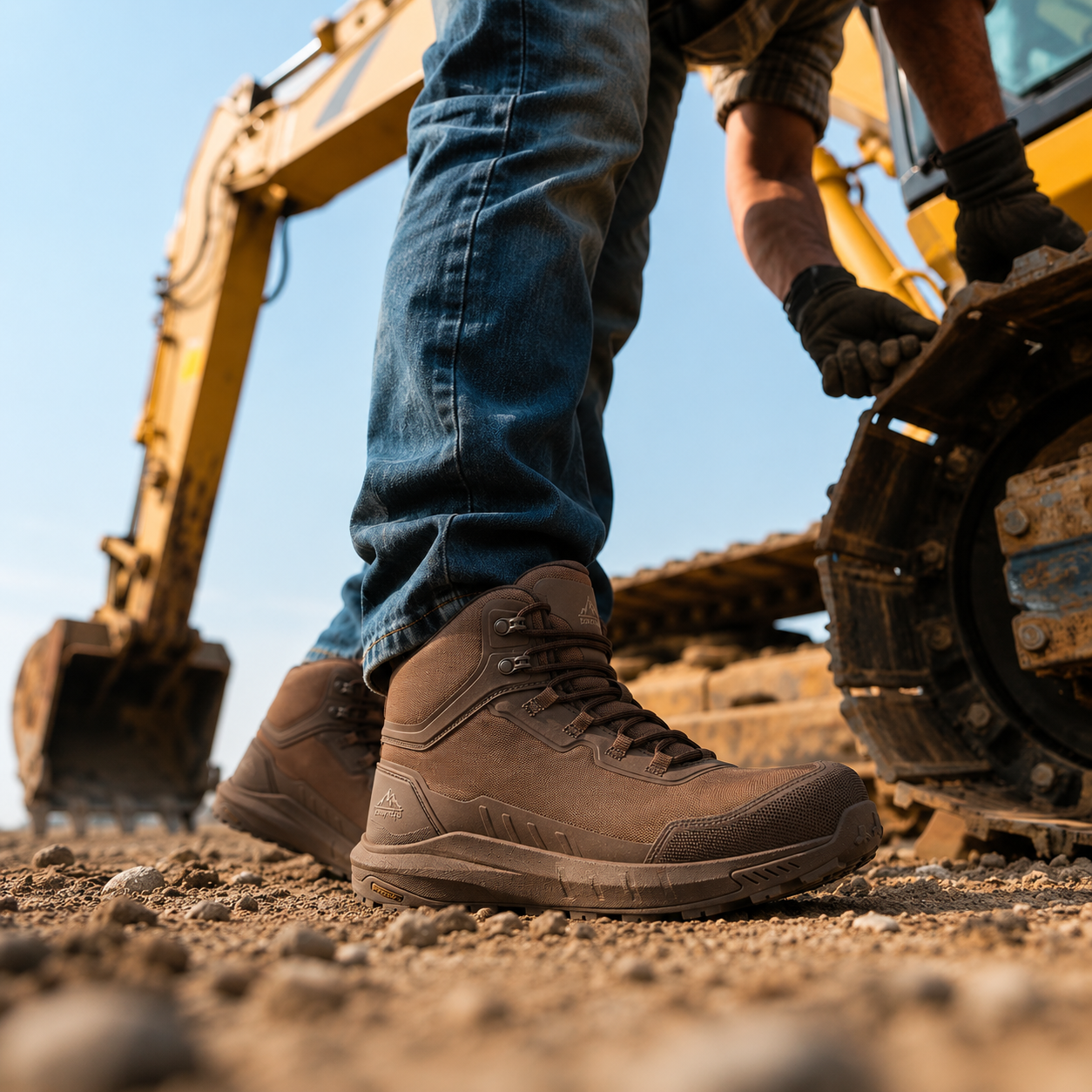 Sentinel Composite Toe Safety Boot in dark brown worn on a dirt jobsite in front of an excavator