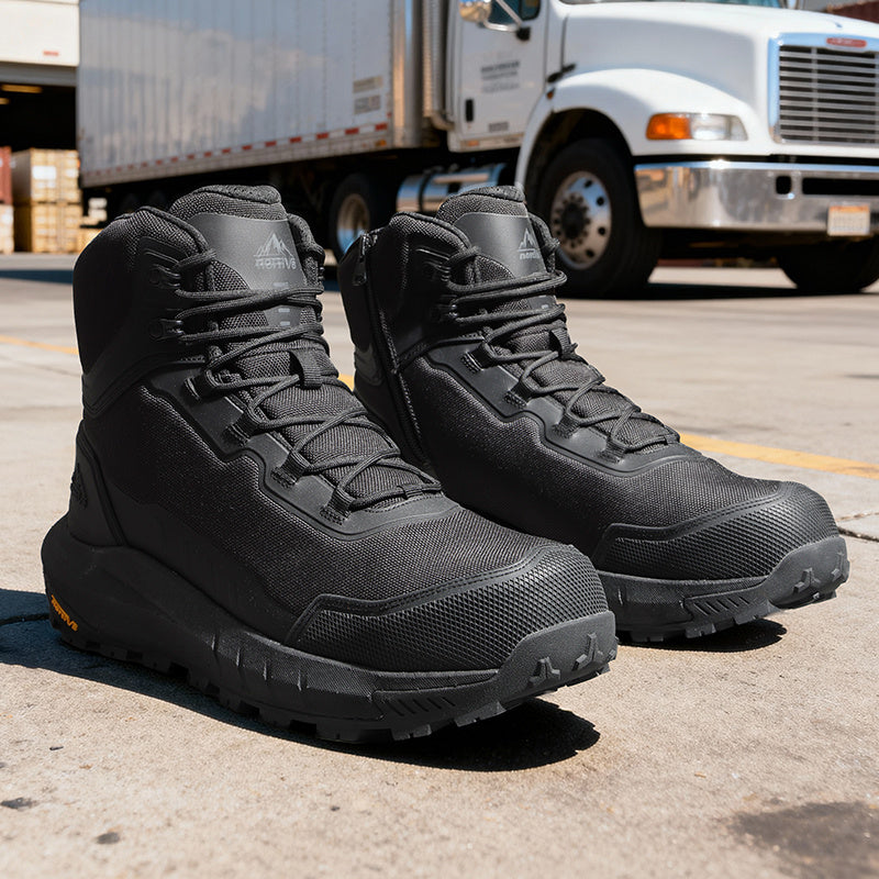 Pair of Sentinel Composite Toe Safety Boots in black at a loading dock with a truck behind