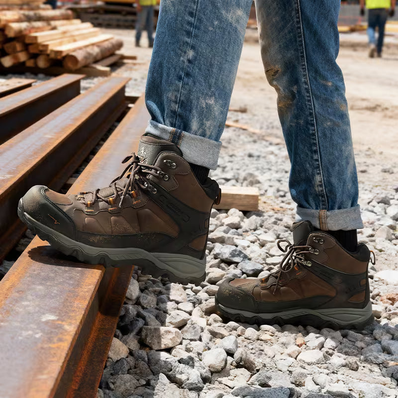 Foreman Steel Toe Work Boot worn on a gravel jobsite next to steel rails