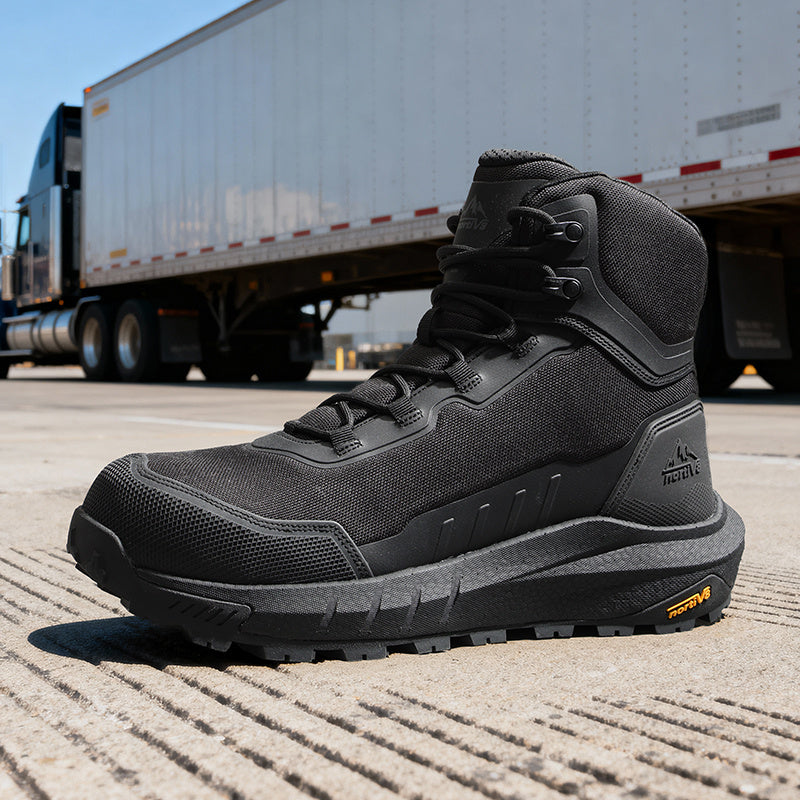 Sentinel Composite Toe Safety Boot in black on a logistics yard in front of a semi trailer
